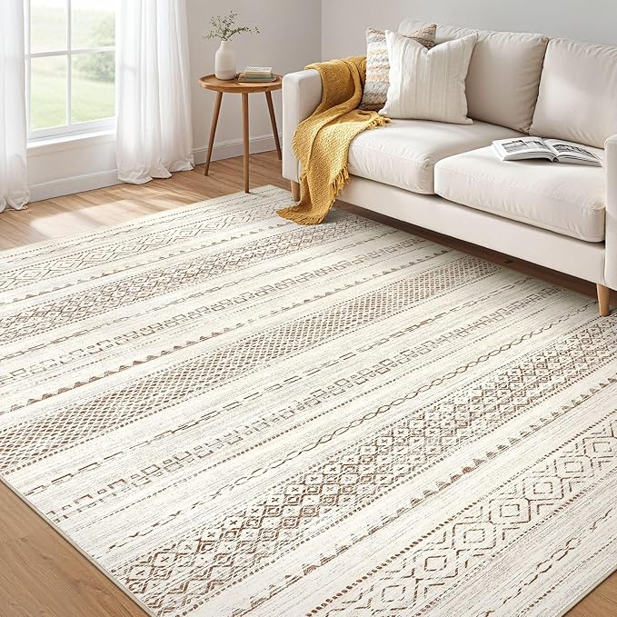 Nakagishi 6x8 Area Rug Living Room: Washable Boho Large Neutral Modern Soft Farmhouse Rugs Stain Resistant Indoor Floor Non-Slip Carpet for Bedroom Nursery Kids Playroom Office Dining Room- Brown