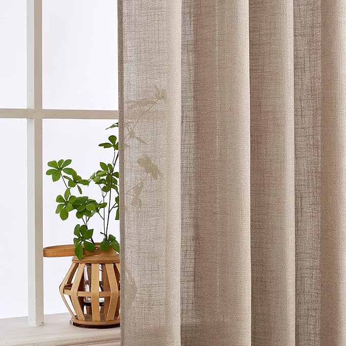 MIULEE Taupe Linen Curtains 96 Inch Long for Bedroom Living Room, Soft Thick Linen Textured Window Drapes Semi Sheer Light Filtering Back Tab Rod Pocket Burlap Look Farmhouse Country Decor, 2 Panels