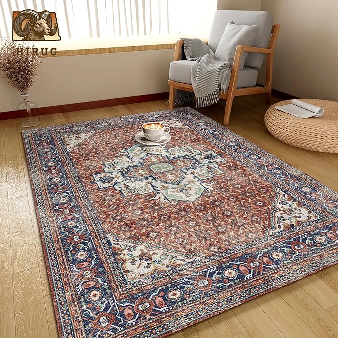 Washable Area Rug 4' x 6' Vintage Traditional Persian Mat - Foldable Distressed Non-Slip Machine Washable Carpet for Living Room Bedroom Kitchen Home Decor - Terracotta and Navy