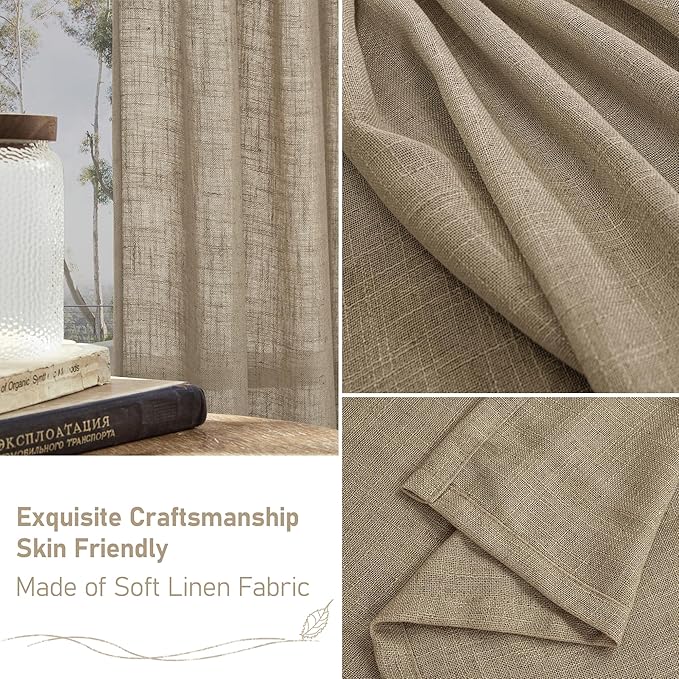 LAMIT 36 Inch Length Linen Curtains for Small Windows, Semi Sheer Light Filtering Panels Back Tab and Rod Pocket Country Decor Drapes for Basement/Kitchen, Taupe, 2 Panels, 34 x 36 Inch