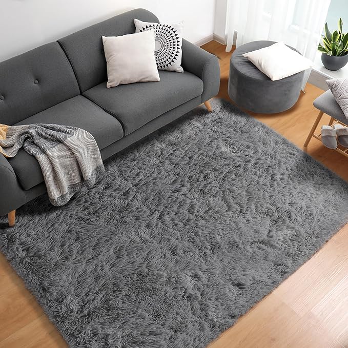 ONASAR Grey Area Rugs for Bedroom Living Room, Fluffy Fuzzy Shag Shaggy 4x6 Bedside Rug, Gray Soft Plush Indoor Floor Carpet for Nursery Kids Girls Boys Teen Dorm Home Office Decor Aesthetic