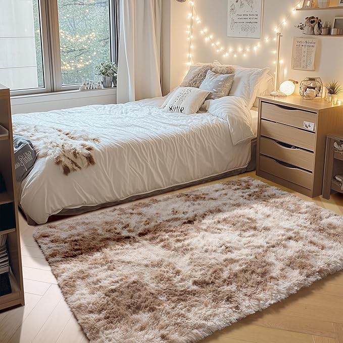ONASAR Area Rugs for Bedroom Living Room, Fluffy Tie-Dye Beige 4x6 Indoor Bedside Floor Throw Rug, Soft Plush Shaggy Carpet for Nursery Kids Girls Boys Teen Dorm Home Office Decor Aesthetic