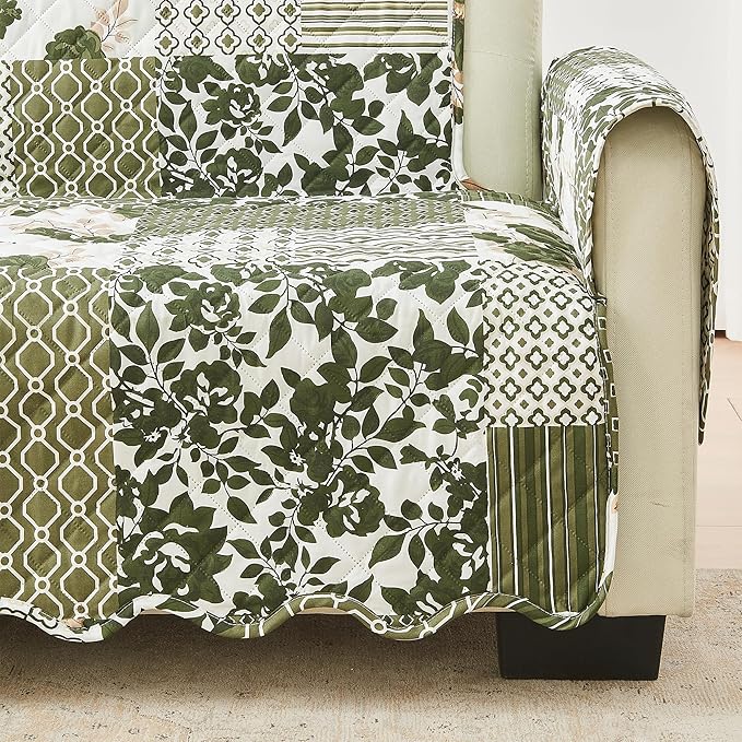 Great Bay Home Reversible Patchwork Loveseat Cover - Washable Slipcover Furniture Protector with Elastic Straps - Perfect for Kids & Pets - Box-Stitched Detail (Olive/Brown)