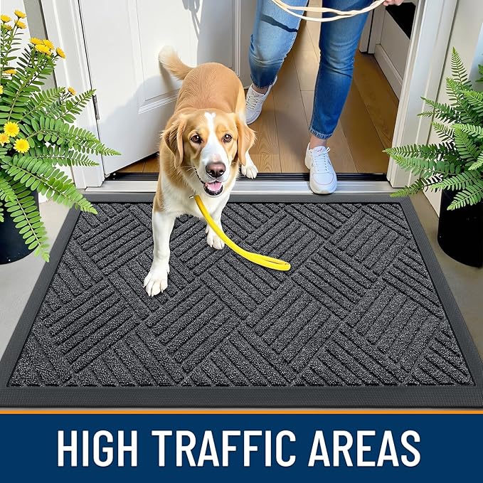 OLANLY Front Door Mat Outside Entrance 33x21, Absorbent, Heavy Duty Sturdy Natural Rubber Doormat Indoor Outdoor, Stain Fade Resistant, Non-Slip Low Profile Floor Mat for Entryway, Black Gray Diamond