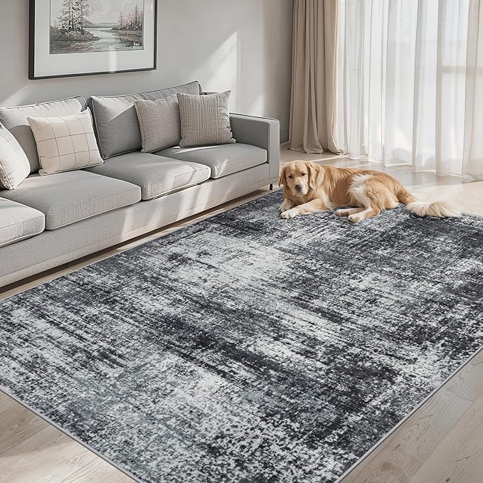 Area Rugs Living Room Rug - 5x7 Washable Modern Abstract Soft Neutral Non-Slip Carpet Large Indoor Floor Thin Carpets for Bedroom Dining Room Farmhouse Nursery Home Office Dark Black