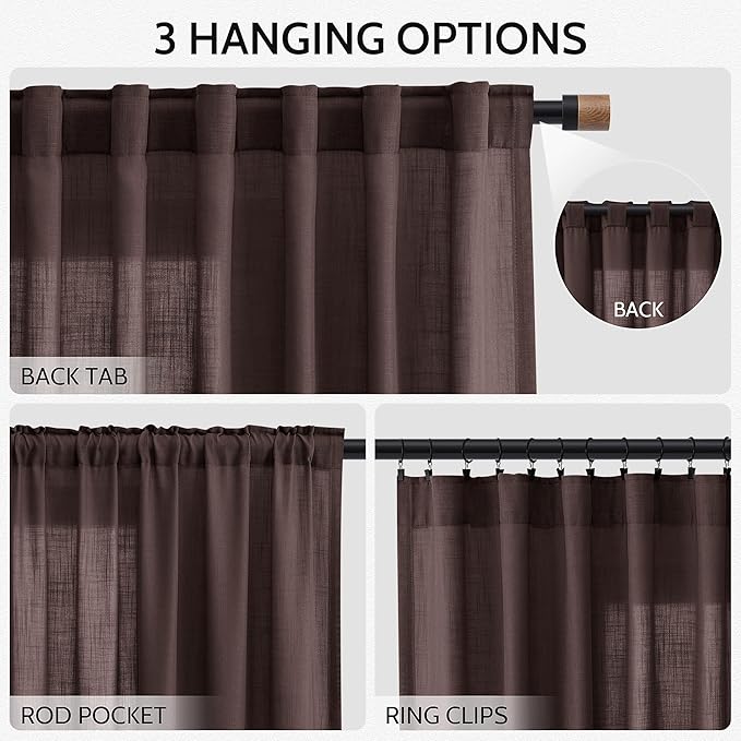 Extra Long Curtains 102 Inches Long for Bedroom Living Room Coffee Brown Back Tab Rod Pocket Light Filtering Semi Sheer Drapes Cotton Linen Textured 102 Inch Length for Dinning Room,2 Panels