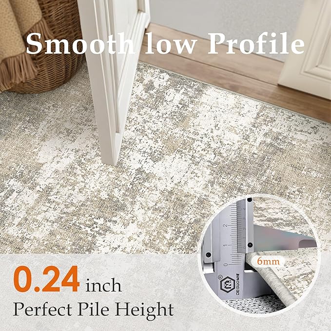 PureCozy Runner Rug 2x8 Beige Machine Washable Modern Abstract Hallway Carpet Non Slip Neutral Long Carpet Low Pile Soft Non Shedding Contemporary Rug for Bathroom Laundry Kitchen Bedroom