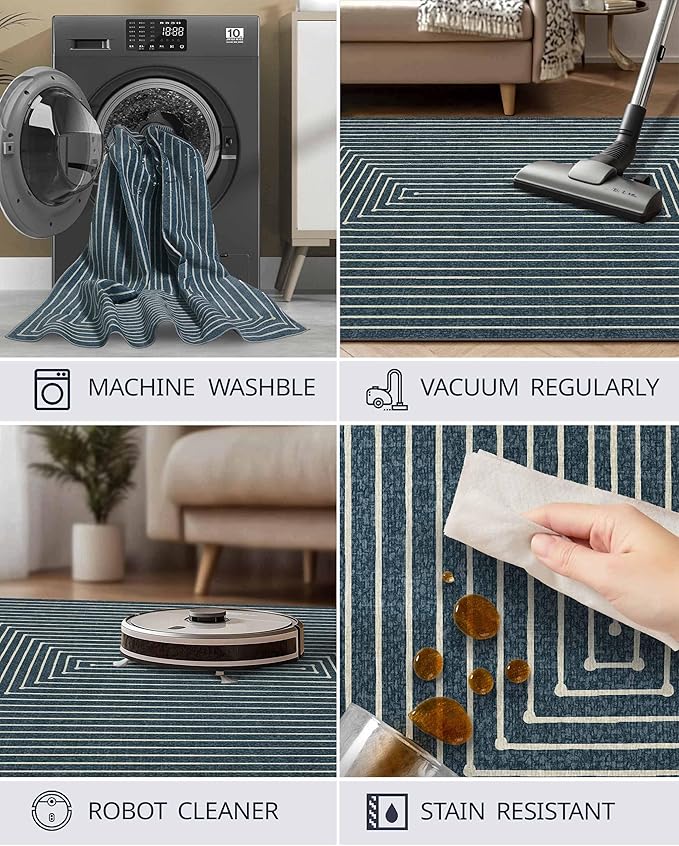 Latte&Fog 2x3 Entryway Rug, Small Modern Abstract Door Mat, Washable Kitchen Rug Samll Rug, Boho Non Slip Low Pile Carpet for Indoor Kitchen, Entry, Front Door and Bathroom - Blue