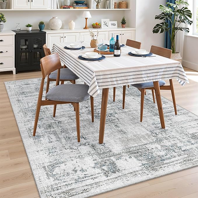 Madane Area Rugs 9x12 Living Room: Lagre Vintage Living Room Rug with Non-Slip Backing Low Pile Rugs Soft Indoor Floor Thin Carpet Non Shedding Carpets for Bedroom Dining Room Farmhouse Blue/Grey