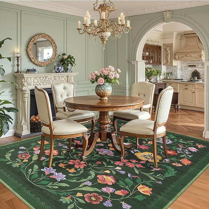 Washable Rug 9x12 Area Rugs for Living Room, Protea Floral Rug for Bedroom, Soft Vintage Non Slip Throw Rugs with Rubber Back, Low Pile Stain Resistant Boho Floral Carpet for Dining Room, Forest Green