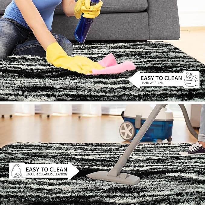 Tepook Soft Fluffy Rugs for Bedroom, 4x6 Area Rug for Living Room, Modern Shaggy Room Rug for Kids Boys Girls, Plush Throw Rugs Indoor Nursery Home Decor Rug with Non-Slip Bottom, Black White