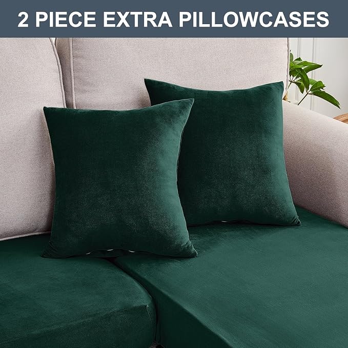 Couch Cover 3-Piece Elastic Velvet Couch Cushion Covers & Chaise Slipcovers for L-Shaped Sofas, Sofa Seat Covers Washable, Soft Cover for Couches (2 Seater + Chaise, Christmas Green)