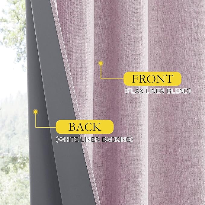 NICETOWN Pink Vintage Linen 100% Blackout Curtains for Classroom, Thermal Insulated Curtains 63" Long, Noise Reducing Window Treatment Drapes for Gym Room, 42" Wide Per Panel, Set of 2
