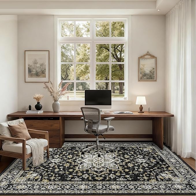 8x10 Area Rugs for Living Room: Washable Rug Soft Vintage Boho Medallion Carpet Indoor Non-Slip Stain Resistant Large Carpets for Bedroom Dining Room Farmhouse Nursery Home Office Black Gold