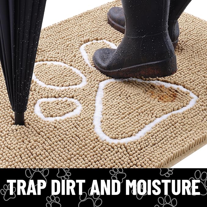 Smiry Dog Door Mat for Muddy Paws, Absorbent Dirt Trapper Non Slip Quick Dry Washable Chenille Mat for Mud Dogs, Entry Rug for Indoor and Outdoor (44x24 Inches, Beige and White)