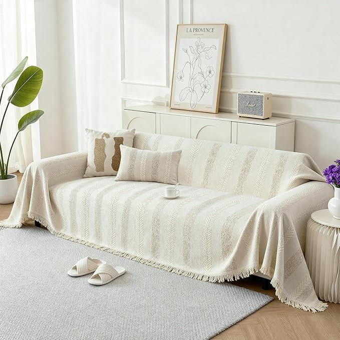 Boho Sofa Covers for 3 Cushion Couch, Chenille Sofa Slipcover for Pets Washable, L-Shape Sectional Loveseat Cover Soft Throw Blankets with Tassels(91x134,Striped Beige)