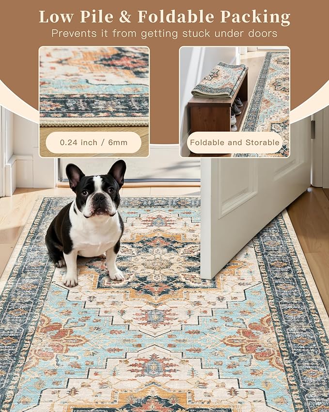 Madane Runner Rugs for Hallway 2x10 Long Washable Non-Slip Hallway Runner Rug Low-Pile Stair Kitchen Runner Soft Throw Carpet for Entrance Living Dining Laundry Room (Orange/Blue, 2 x 10)