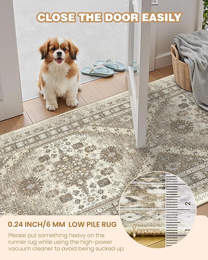 Runner Rug 2x10, Ultra-Thin Kitchen Rugs Non Slip Washable Rugs for Entryway Rug, Kitchen Runner Low Pile Vintage Soft Carpets for Living Room, Bathroom Bedroom (Brown,2'x10')
