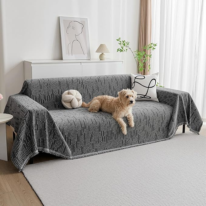 MYSKY HOME Couch Covers for Sofa, Dog Couch Cover Protector, Dark Grey Lines Sofa Covers for Sectional L Shape, Pets Couch Throw Cover Washable Durable Large Couch Cover for Dogs, Cats, 91"X118"