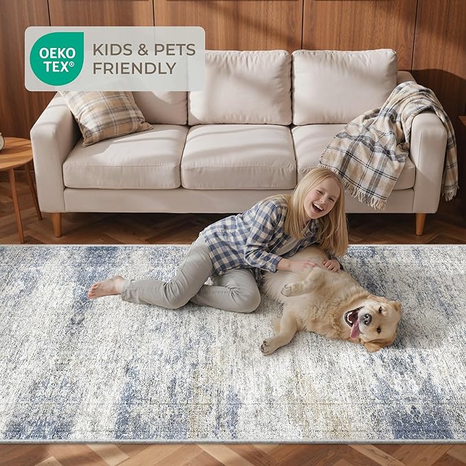 Long Hallway Runner Rug- Carpet Runners for Hallway 12ft, Anti Slip Backing Washable Rug Runner for Entrance, Living Room, Soft Low Pile Modern Rug Runner(2'x12', Blue/Brown/Ivory)