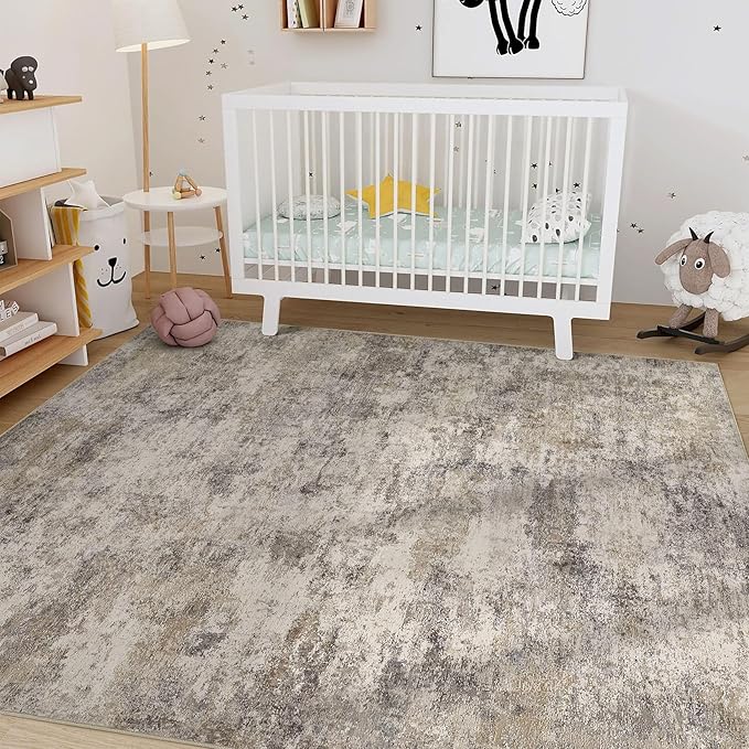 Nakagishi 10x12 Area Rugs Living Room: Washable Abstract Large Neutral Soft Rug Stain Resistant Modern Indoor Floor Non-Slip Carpet for Bedroom Nursery Playroom Office Dining Room Dorm- Brown Grey