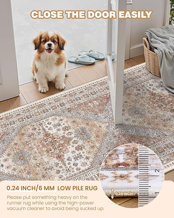 3x8 Runner Rug Non Slip Washable for Entryway, Front Porch, Vintage Hallway Runner for Laundry Room, Bedroom, Stain Resistant Thin Indoor Kitchen Mats for Floor(Orange,3'x8')