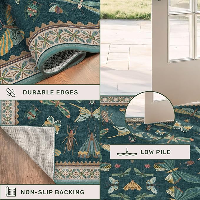 Hazo Haus Brown and Green Kitchen Sink Runner Rug 2x6 - Teal Boho Bathroom Rugs for Entrance Indoor, Insect Print Floral Vintage, Washable Non Skid Stain Resistant