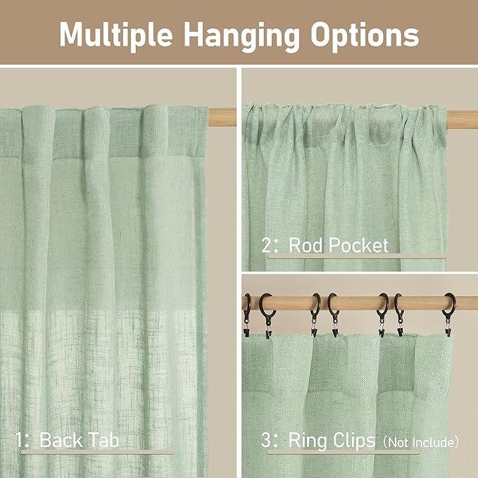 LAMIT Linen Curtains 48 Inch Length 2 Panels, Light Filtering Panels Back Tab and Rod Pocket Neutral Drapes for Kitchen/Window/Loft Room/Bedroom, 34 x 48 Inch Fresh Green