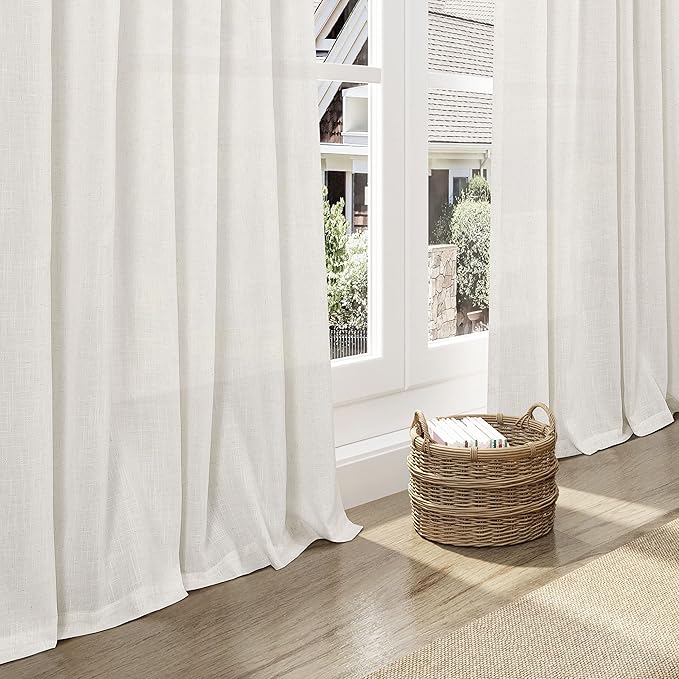 Cream Linen Curtains 125 Inches Long for Living Room Extra Long Back Tab Curtains Neutral Farmhouse Light Filtering Semi Sheer Linen Drapes Ceiling to Floor for Large Window 2 Panels Set 52x125