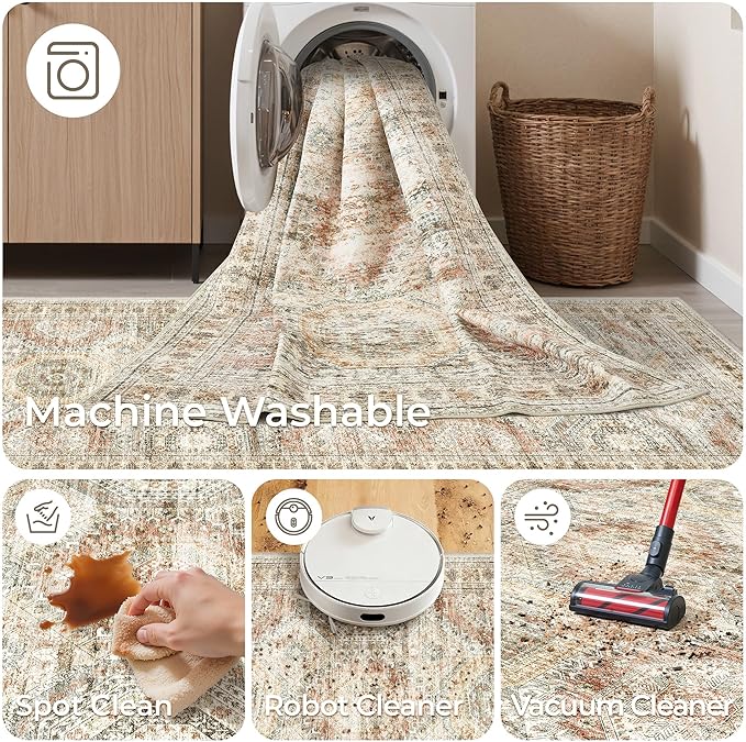 2x5 Rug Runner Washable for Entryway, Soft Bathroom Rugs with Non-Slip Backing, Abstract Low Pile Hallway Runner, Vintage Small Kitchen Carpet for Stair, Laundry Room(2'x5', Brown/Pink)