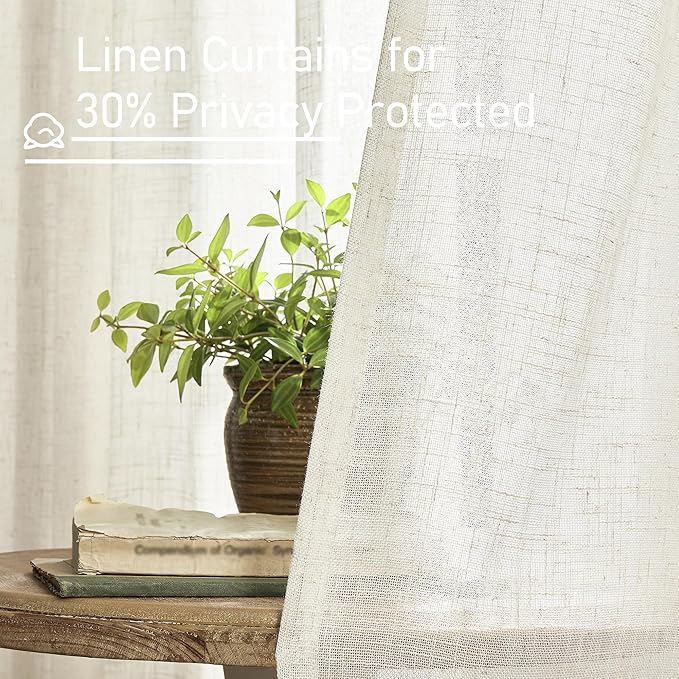 LAMIT Linen Sheer Curtains 72 Inch Length 2 Panels, Linen Textured Light Filtering Semi Sheer Back Tab and Rod Pocket Burlap Boho Neutral Drapes for Bedroom/Living Room, Ivory Cream, 52 x 72 Inch