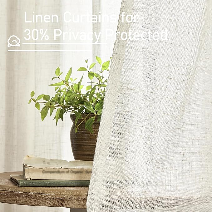 LAMIT Natural Linen Blended Curtains for Living Room, Back Tab and Rod Pocket Semi Sheer Curtains Light Filtering Country Rustic Drapes for Bedroom/Farmhouse, 2 Panels,52 x 120 Inch, Natural Ivory
