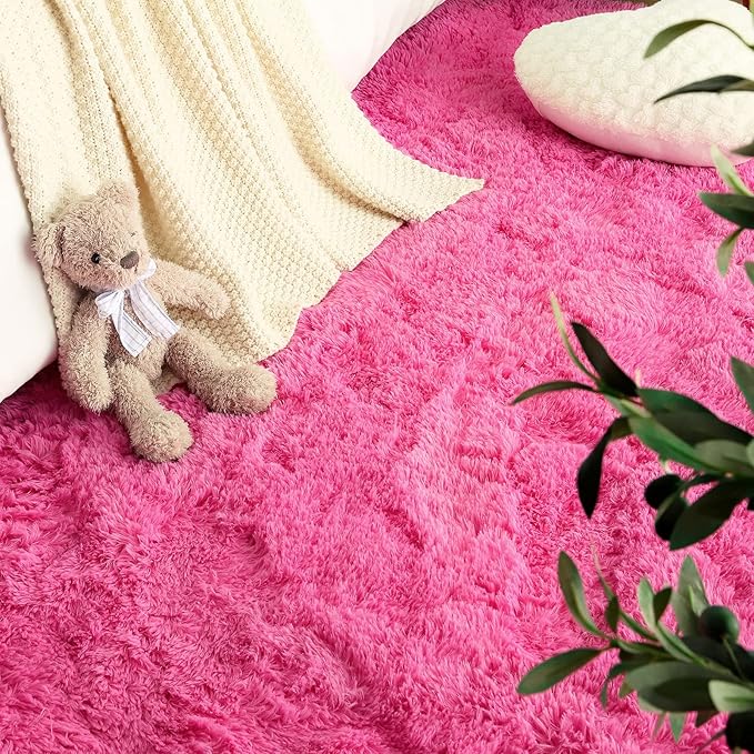 LOCHAS Ultra Soft Indoor Modern Area Rugs Fluffy Living Room Carpets for Children Bedroom Home Decor Nursery Rug 3x5 Feet, Hot Pink