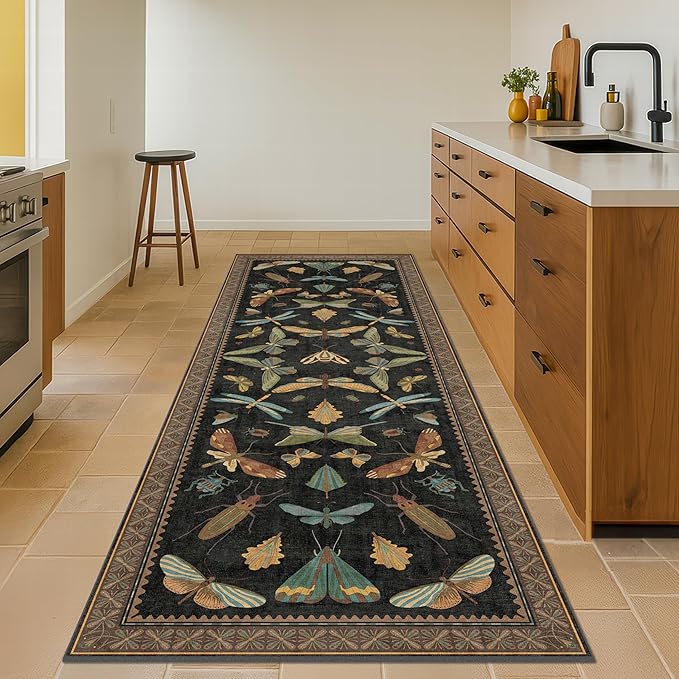 Black Insect 2'6"x12' Washable Extra Long Runner Rugs for Hallways, Non Skid Stain Resistant Wide Rug Runners for Kitchen, Entryway, Mudroom, Dark Cottagecore Boho Butterfly Pattern Indoor Décor