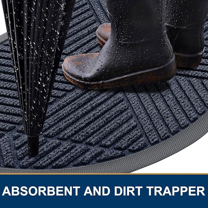 Smiry Half Circle Front Door Mat Outside Entrance, Heavy Duty Sturdy Natural Rubber Doormat, Trap Dirt and Moisture, Low Profile Mats for Indoor Outdoor Entry, Irregular Triangle (47x32, Navy Blue)