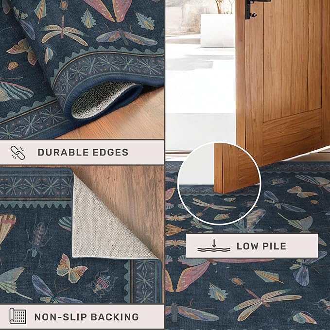 Boho Living Room Area Rug 6x9, Non Slip Dining Room Rugs for Under Table, Washable Soft Low Pile Bedroom, Vintage Insect Moth Dark Home Décor, Stain Resistant Carpet (Navy Blue)