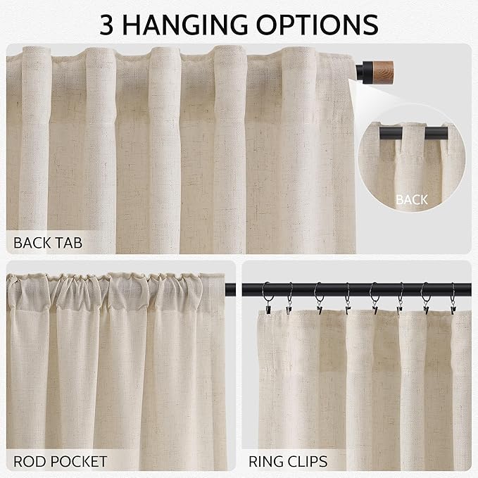 Cream Beige Linen Curtains for Living Room 105 Inches Long Light Filtering Semi Sheer Curtain Back Tab Modern Farmhouse Decor Elegant Luxury Coastal Drapes for Bedroom Dinner Room 52x105, 2 Panels