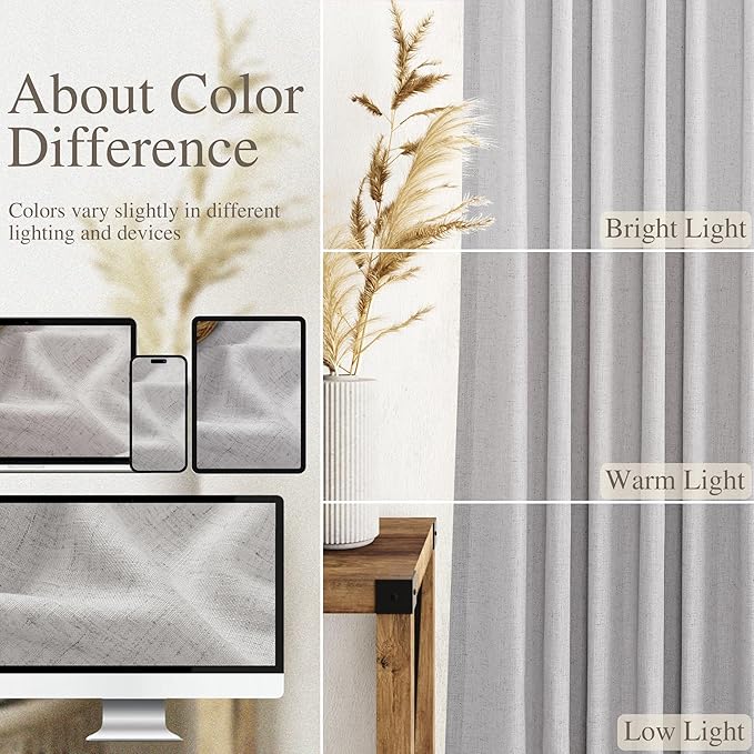 Grey Linen Curtains 102 Inches Long 2 Panels Set for Living Room Extra Long Back Tab Curtains Neutral Farmhouse Light Filtering Semi Sheer Linen Drapes Ceiling to Floor for Large Window