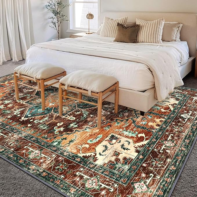 Yamaziot Area Rug 5x7, Non-Slip Washable Boho Vintage Living Room Bedroom Rug with Rubber Backing, Low Pile Faux Wool Soft Distressed Rug Floor Carpet for Living Room, Bedroom