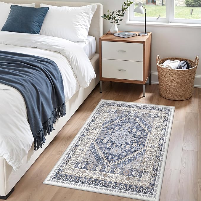 zesthome 2x3 Entryway Rug, Soft Washable Rugs, Non Slip Area Rug, Stain Resistant Low Pile Rugs for Bedroom, Vintage Rug for Door Mat, Kitchen (Blue/Beige,2'x3')