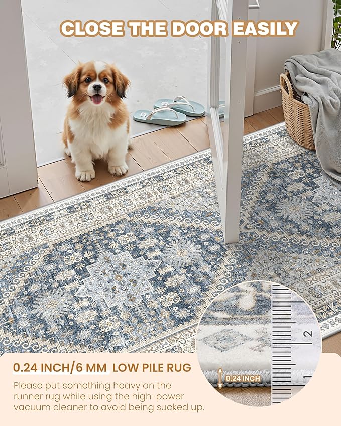 Kitchen Runner Rug Non Slip Washable 2.5x10, Soft Ultra-Thin Entryway Rug Runners for Hallways, Carpet Runner for Living Room,Kitchen, Laundry, Bathroom(Blue/Beige,2.5'x10')