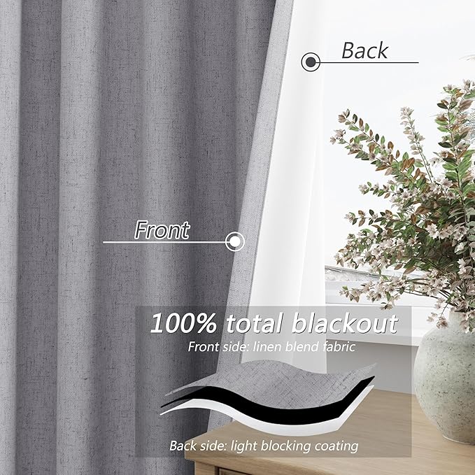 Guken Grey 100% Blackout Curtains 120 Inch Length 2 Panels Set for Living Room Bedroom Back Tab Thermal Insulated Black Out Linen Drapes Room Darkening Window Curtains 52x120