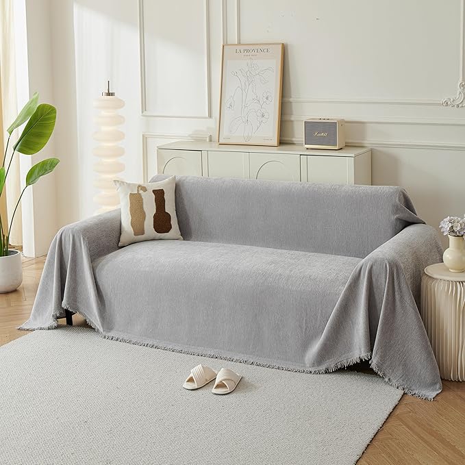 Couch Cover for Dogs, Boho Sofa Covers for 3 Cushion Couch, Chenille Sofa Slipcover for Pets Washable, L-Shape Sectional Couch Cover Soft Throw Blankets with Tassels(91x118,Grey)