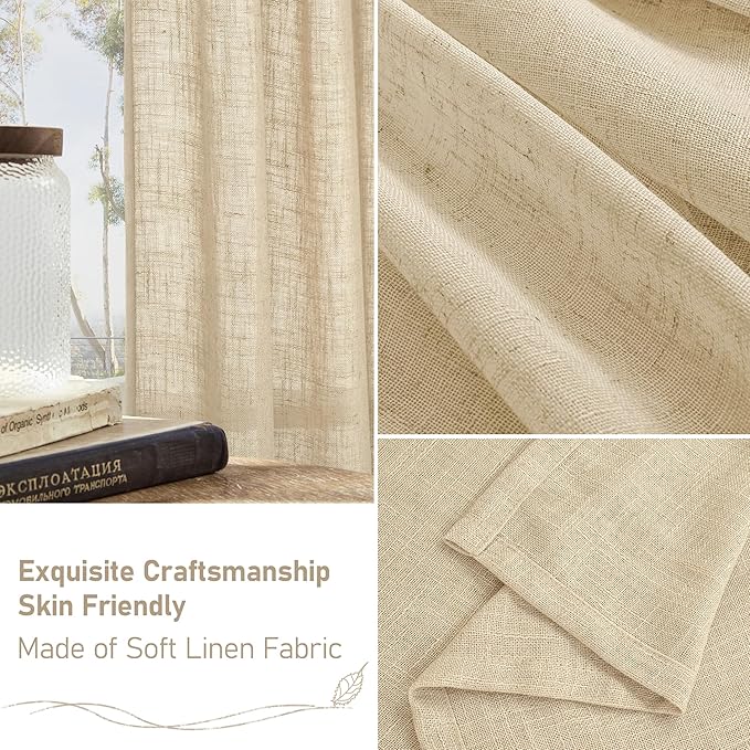 LAMIT Natural Linen Curtains 90 Inch for Living Room, Back Tab and Rod Pocket Linen Textured Sheer Curtains Light Filtering Curtains for Bedroom/French Door, Set of 2, 52 x 90 Inch, Linen