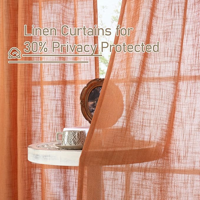 LAMIT 36 Inch Length Linen Curtains for Small Windows, Semi Sheer Light Filtering Panels Back Tab and Rod Pocket Country Decor Drapes for Basement/Kitchen, Burnt Orange, 2 Panels, 34 x 36 Inch