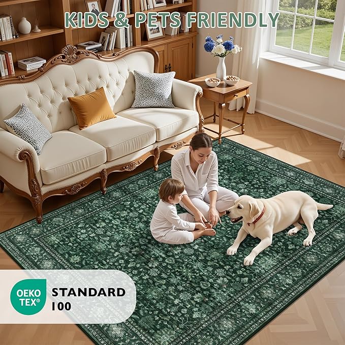Area Rugs 9x12 Living Room Rug: Washable Rug Soft Vintage Distressed Floral Carpet Indoor Non-Slip Stain Resistant Large Carpets for Bedroom Dining Room Farmhouse Nursery Home Office Deep Green