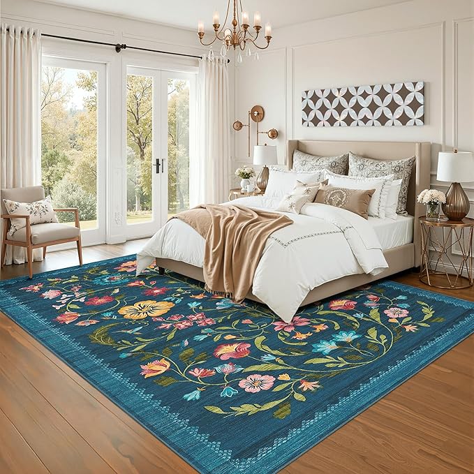 GarveeHome Washable Rug 9x12 Area Rugs for Living Room, Floral Rug for Bedroom, Soft Vintage Non Slip Throw Rugs with Rubber Back, Low Pile Stain Resistant Boho Floral Carpet for Dining Room, Blue