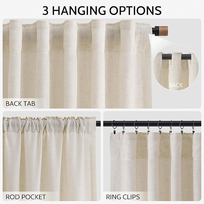 Nanspring Living Room Curtains 63 Inch Length Linen Birch Beige Luxury Light Filtering Semi Sheer Curtain Back Tab Modern Farmhouse Decor Elegant Coastal Drapes for Bedroom Office 52x63, 2 Panels