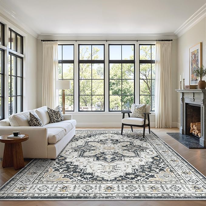 zesthome 5x7 Area Rugs, Machine Washable Rugs for Living Room, Bedroom,Stain Resistant Vintage Large Area Rug,Non-Slip Medallion Pattern Home Decor Rugs (Black,5'x7')