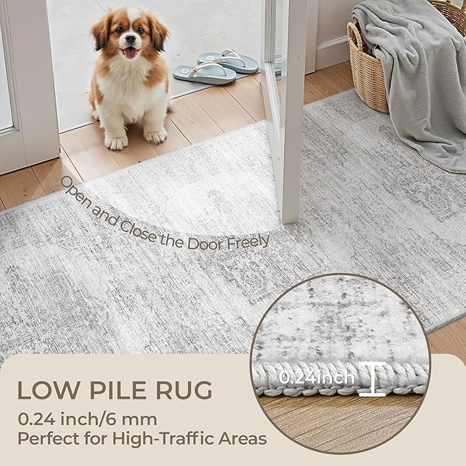 2x10 Runner Rug, Long Hallway Rugs for Dining Room, Living Room, Bedroom, Machine Washable Kitchen Carpet Runner with Rubber Backing, Soft Low Pile Indoor Rug(2'x10', Light Grey/White)